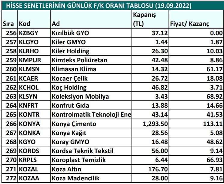 Hisse senetlerinin günlük fiyat-kazanç performansları (19.09.2022)