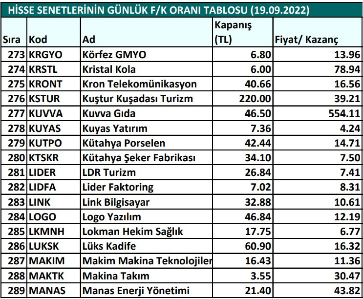 Hisse senetlerinin günlük fiyat-kazanç performansları (19.09.2022)