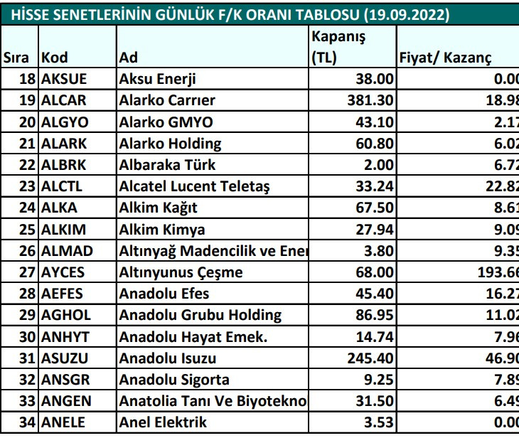 Hisse senetlerinin günlük fiyat-kazanç performansları (19.09.2022)