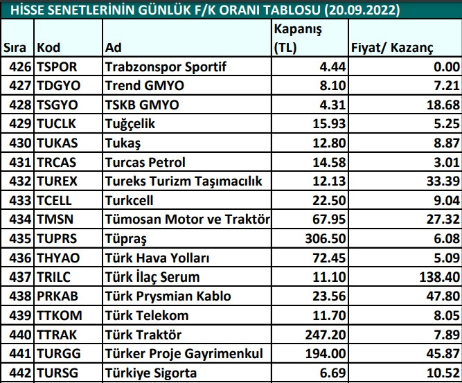 Hisse senetlerinin günlük fiyat-kazanç performansları (20.09.2022)