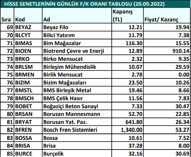 Hisse senetlerinin günlük fiyat-kazanç performansları (20.09.2022)