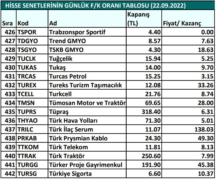 Hisse senetlerinin günlük fiyat-kazanç performansları (22.09.2022)